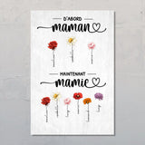 D'abord maman, maintenant mamie - Poster personnalisé avec fleurs de naissance pour parents et grands-parents