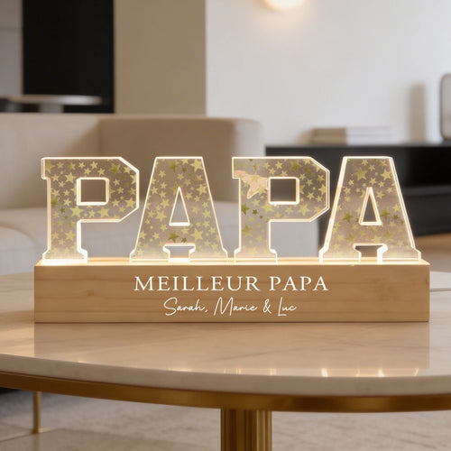 Support LED acrylique personnalisé Étoiles avec prénoms enfants pour papa, design lumineux – Motiv 2