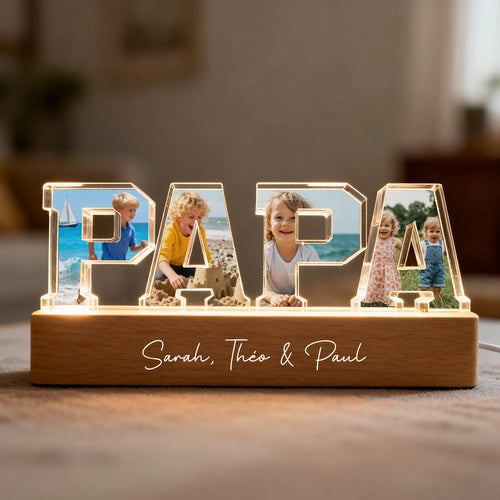Acrylaufsteller Papa 3D personnalisé avec photo des enfants, prénoms gravés et support LED intégré