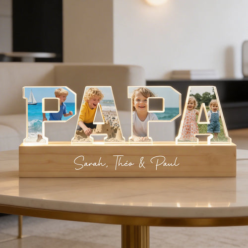 Acrylaufsteller Papa 3D personnalisé avec photo des enfants, prénoms gravés et support LED intégré – Motiv 2