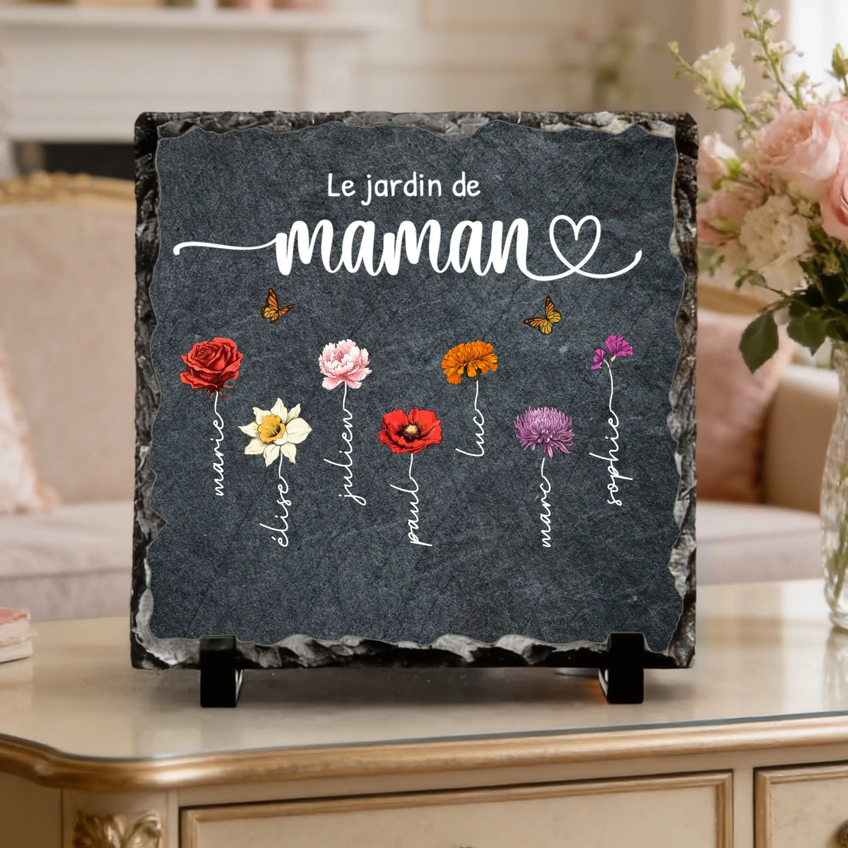 Plaque ardoise personnalisée avec fleurs de naissance, prénoms gravés pour Maman et Mamie