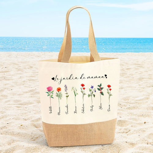 Sac de course personnalisé Le jardin de mamie avec prénoms des petits-enfants, design grands-parents – Motiv 2