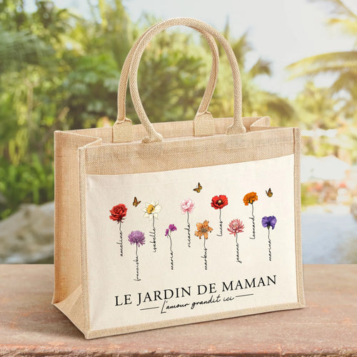 Sac personnalisé avec fleurs et prénoms pour maman, design L'amour grandit ici