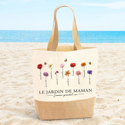 Sac personnalisé avec fleurs et prénoms pour maman, design L'amour grandit ici – Motiv 2