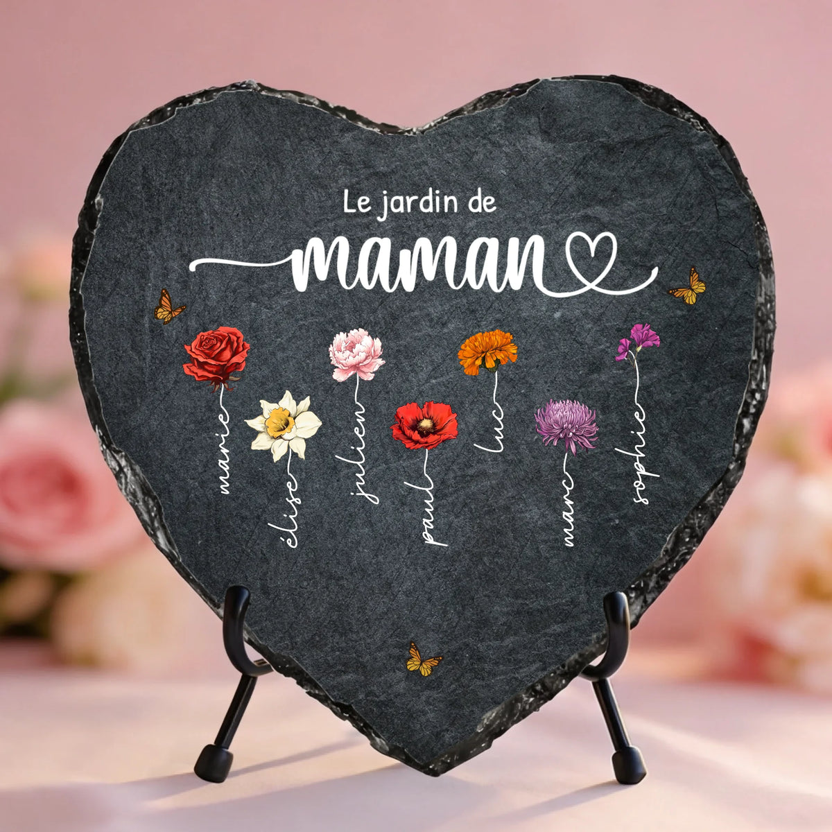Cœur en ardoise personnalisé avec prénoms et fleurs de naissance, gravure résistante aux UV, cadeau Maman et Mamie