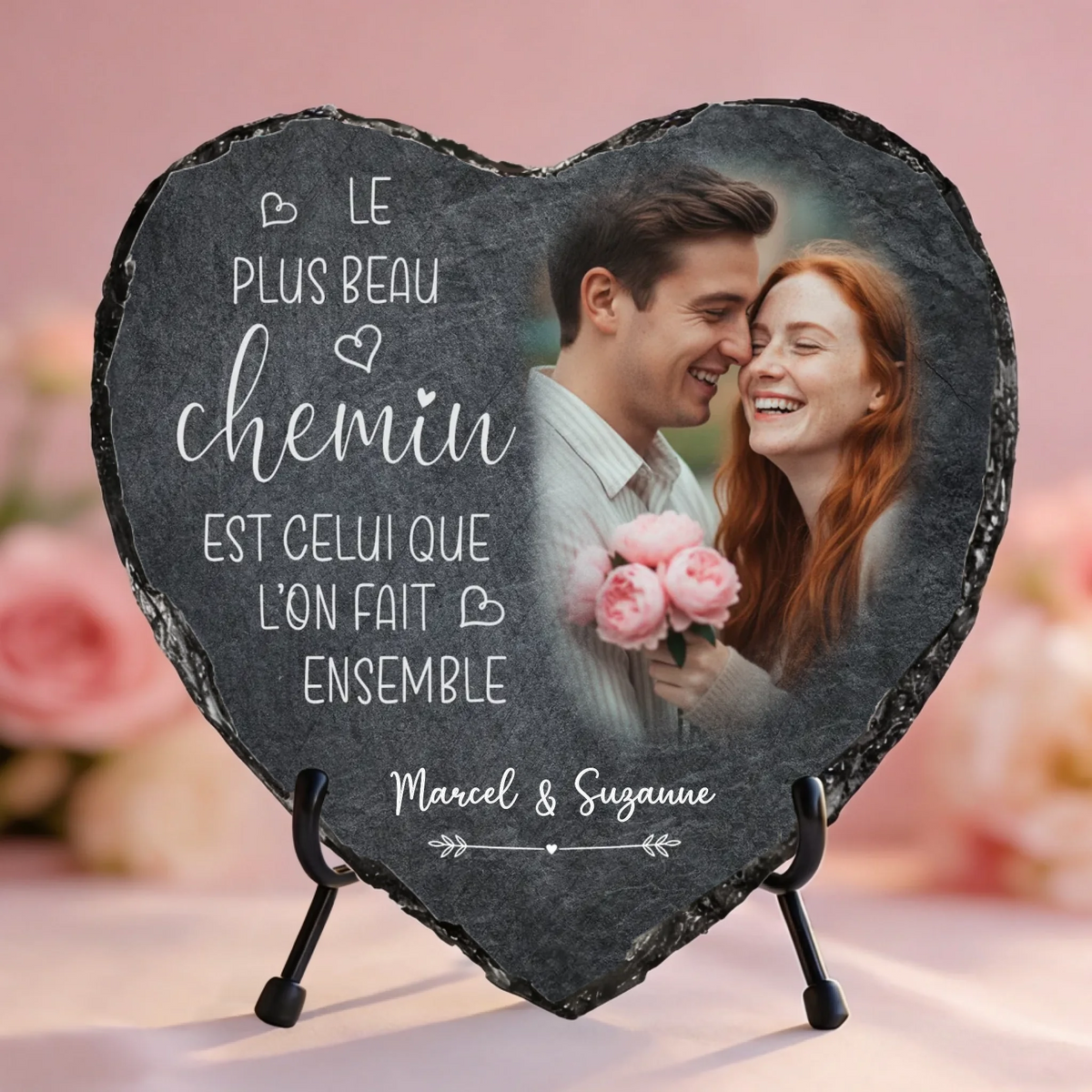 Cœur en ardoise personnalisé avec photo et prénoms pour couples, impression UV résistante aux intempéries