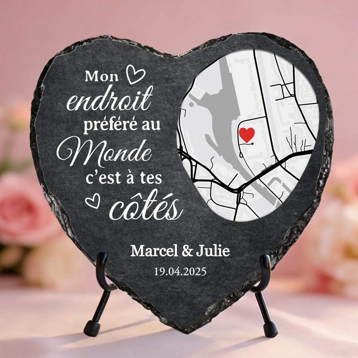 Cœur en ardoise personnalisé pour couples avec noms gravés et localisation, design 'Là où nous nous sommes trouvés'