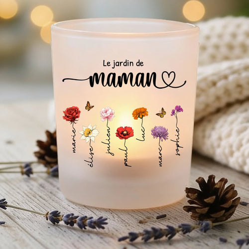 Bougie chauffe-plat personnalisé avec prénoms et fleurs de naissance, verre satiné élégant pour Maman et Mamie