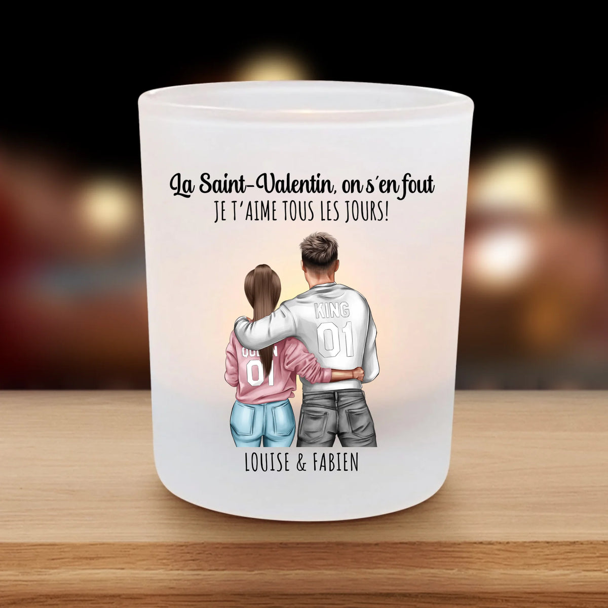Photophore chauffe-plat personnalisé couple avec verre satiné, impression brillante et gravure prénoms - Avec toi