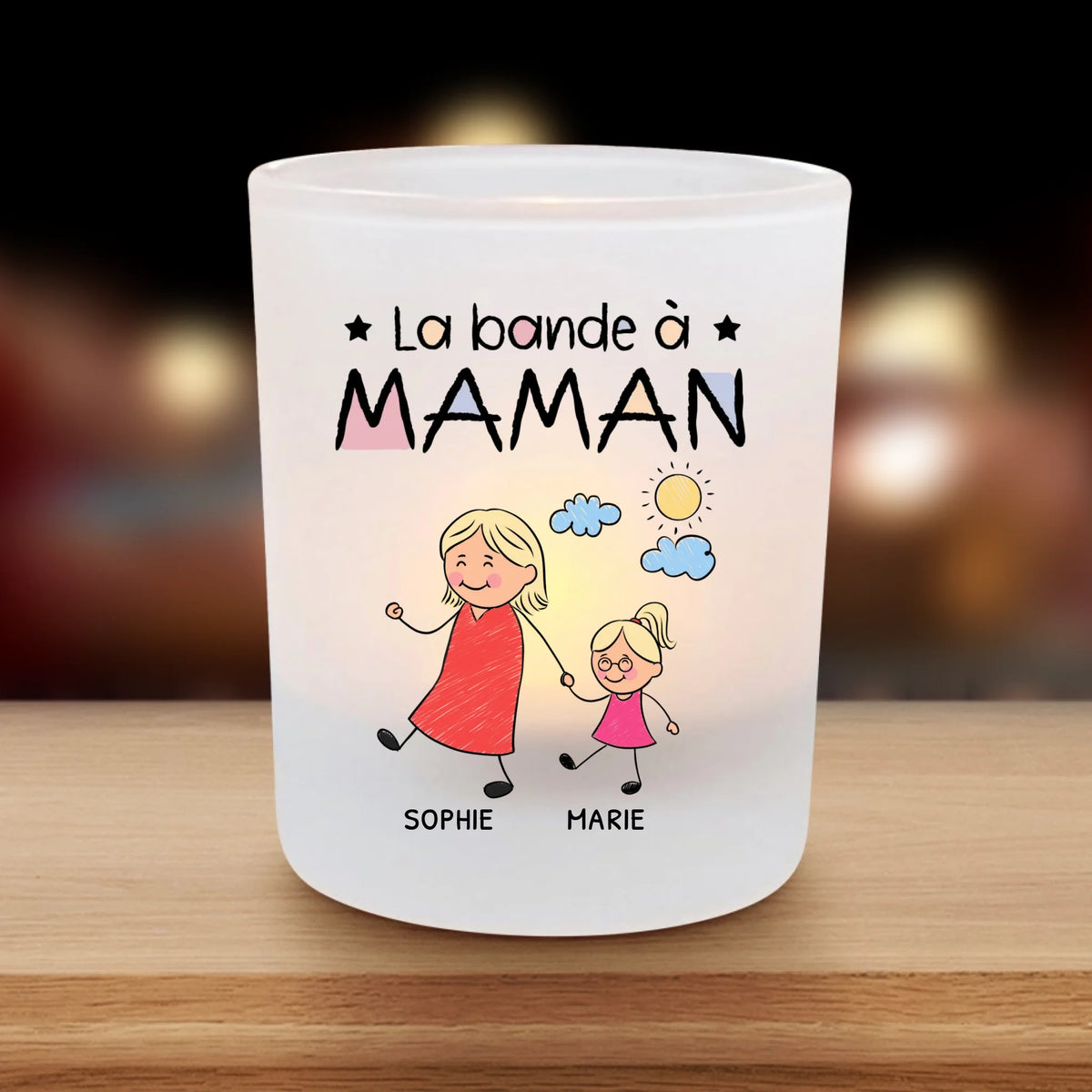 Bougie chauffe-plat personnalisée en verre satiné avec impression brillante pour Mamie et Maman