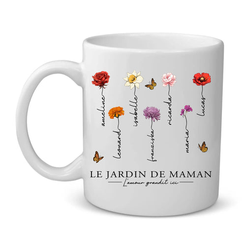 Tasse personnalisée avec prénoms et fleurs, design L'amour grandit ici – Motiv 2
