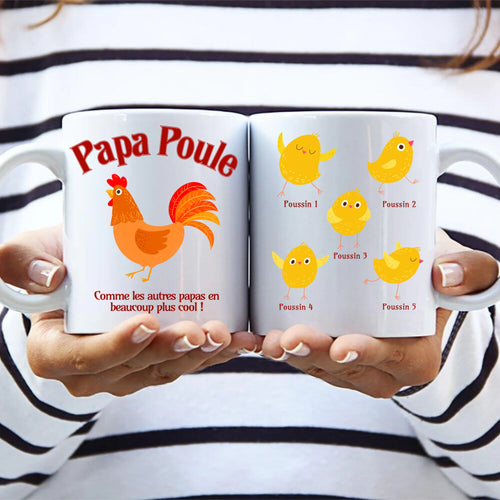 Tasse Papa Poule personnalisable avec prénoms, impression sublimation résistante lave-vaisselle