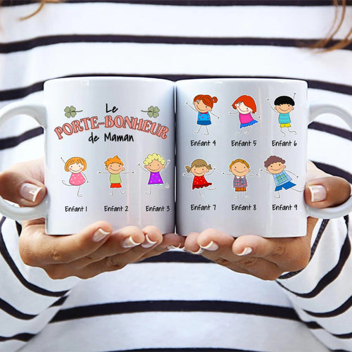 Tasse personnalisée porte-bonheur maman avec prénoms enfants, résistante lave-vaisselle