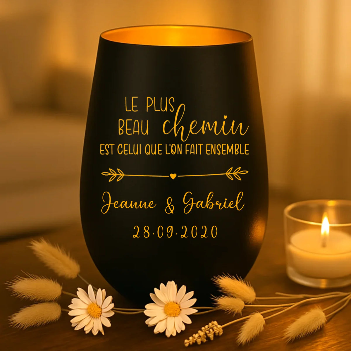 Cadeau personnalisé : photophore noir et or avec de prénoms - fabriqué par Love & Faith