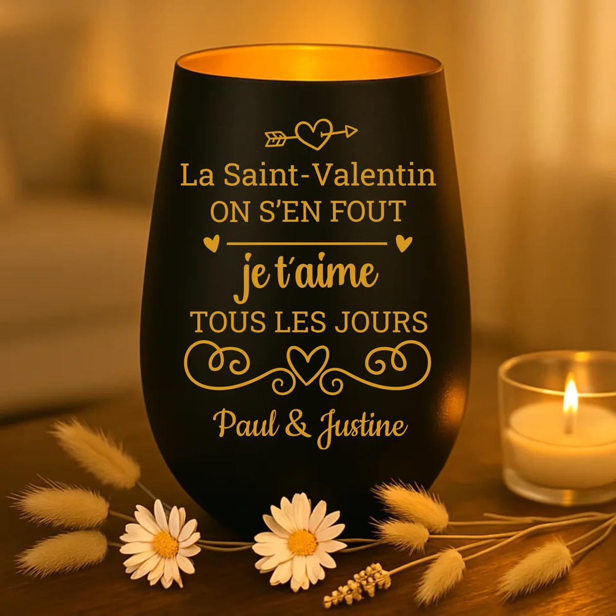 Photophore couple personnalisé en verre mat avec gravure aux prénoms, design J'emmerde la Saint-Valentin