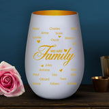 Photophore personnalisé We are Family avec gravure prénoms famille, verre mat élégant, lumière chaleureuse – Motiv 6
