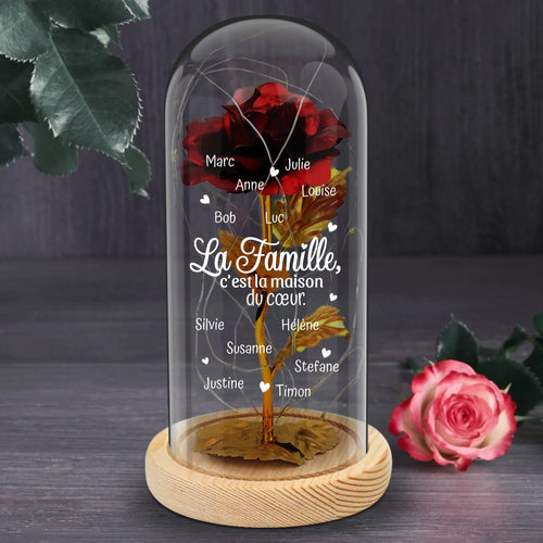 Rose éternelle dorée personnalisée avec noms sous dôme en verre et guirlande LED intégrée