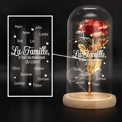 Rose éternelle dorée personnalisée avec noms sous dôme en verre et guirlande LED intégrée – Motiv 2