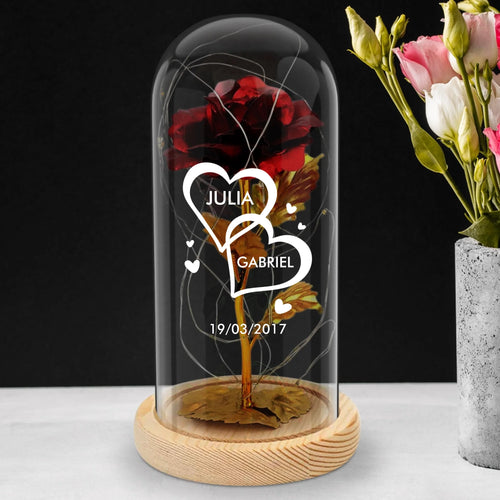 Rose éternelle dorée sous cloche verre avec LED, personnalisable noms et date anniversaire