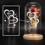 Rose éternelle dorée sous cloche verre avec LED, personnalisable noms et date anniversaire – Motiv 2