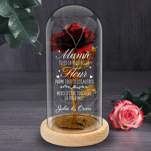 Rose éternelle dorée personnalisée Mamie avec dôme verre imprimé et guirlande LED