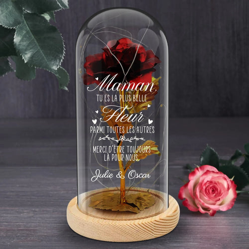 Rose dorée éternelle personnalisée dans coupelle verre avec guirlande LED, cadeau maman parents
