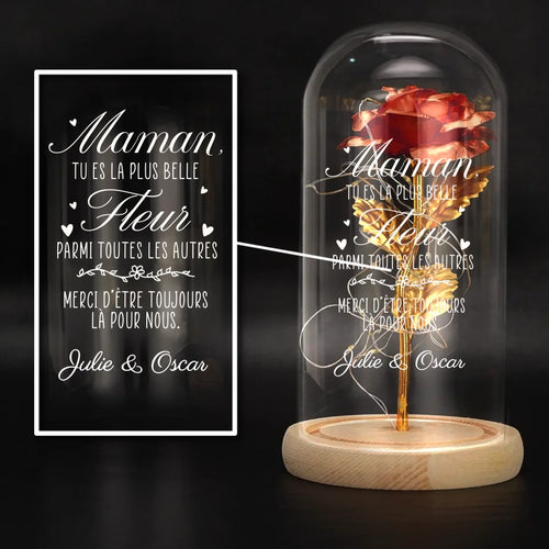 Rose dorée éternelle personnalisée dans coupelle verre avec guirlande LED, cadeau maman parents – Motiv 2