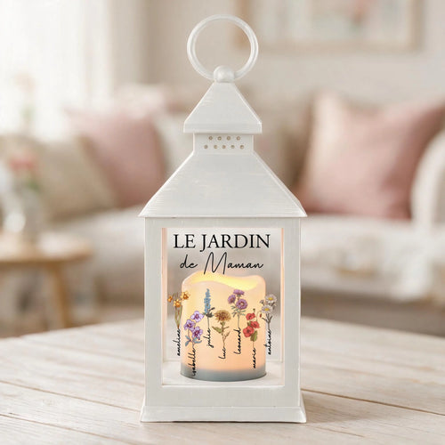 Lanterne LED personnalisée Le jardin de Mamie avec prénoms et motifs floraux pour Maman et Mamie