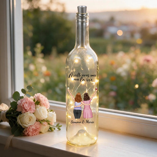Bouteille de vin LED personnalisée Meilleures amies avec design gravé luminescent – Motiv 2