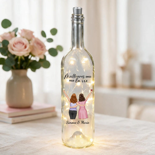 Bouteille de vin LED personnalisée Meilleures amies avec design gravé luminescent