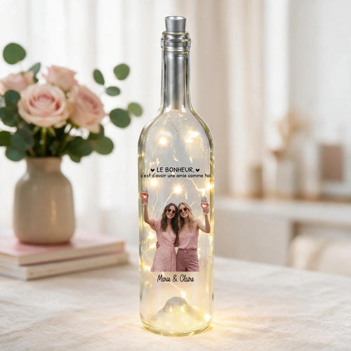 Bouteille de vin LED personnalisée Besties avec photo pour meilleures amies, gravure UV-DTF