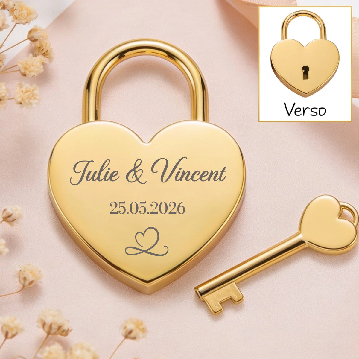 Cadenas cœur personnalisé en acier avec gravure élégante Je t'aime, finition dorée