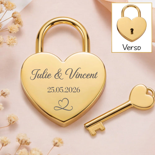 Cadenas cœur personnalisé en acier avec gravure élégante Je t'aime, finition dorée
