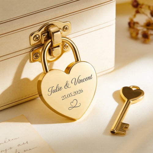 Cadenas cœur personnalisé en acier avec gravure élégante Je t'aime, finition dorée – Motiv 2