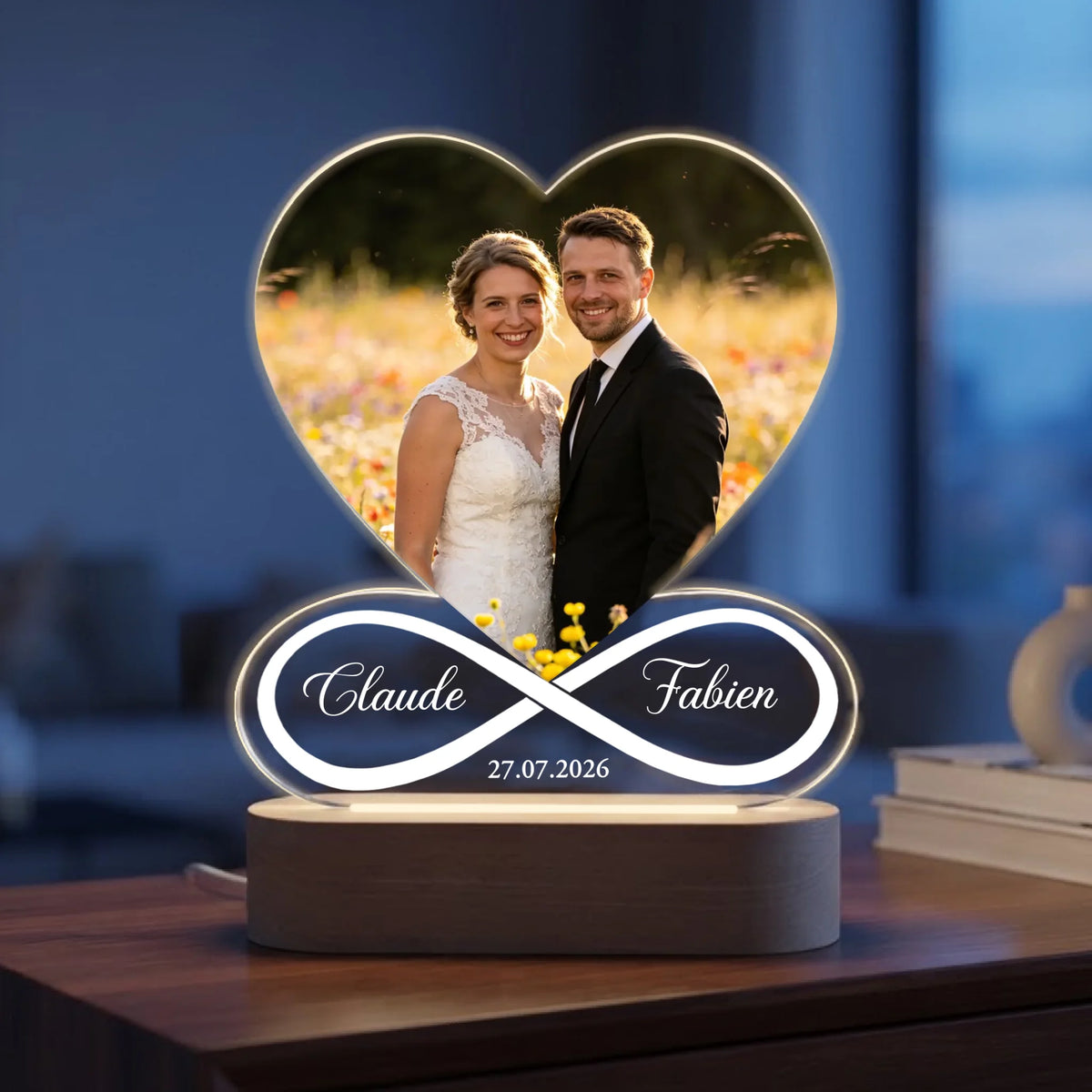 Lampe LED personnalisée pour couples Nous deux avec gravure photo, design moderne et luminescence douce