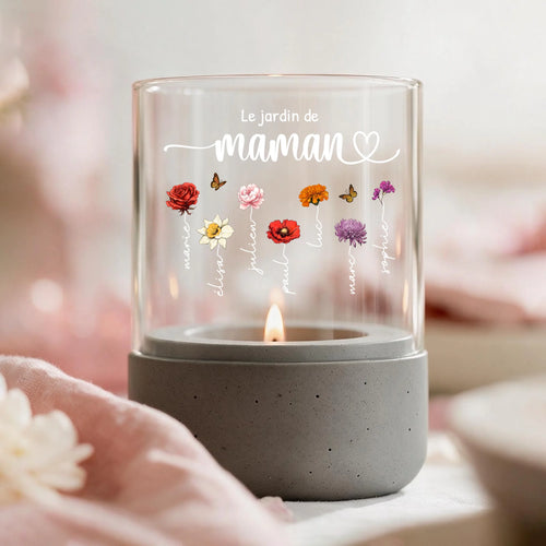 Windlicht personnalisé socle béton fleurs de naissance Maman Mamie