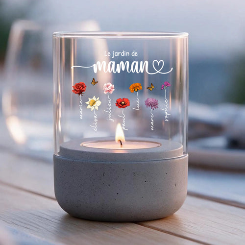 Windlicht personnalisé socle béton fleurs de naissance Maman Mamie – Motiv 2