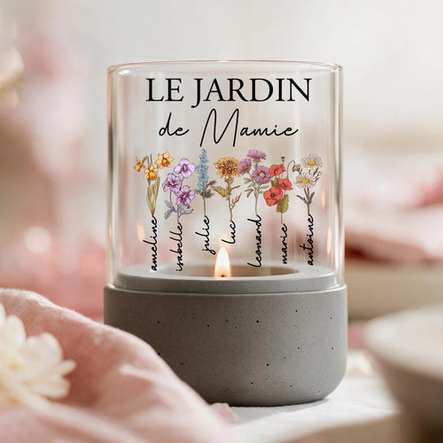 Windlicht personnalisé en béton avec prénoms et motifs floraux, socle renforcé pour jardin