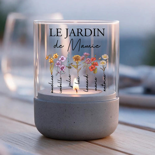 Windlicht personnalisé en béton avec prénoms et motifs floraux, socle renforcé pour jardin – Motiv 2