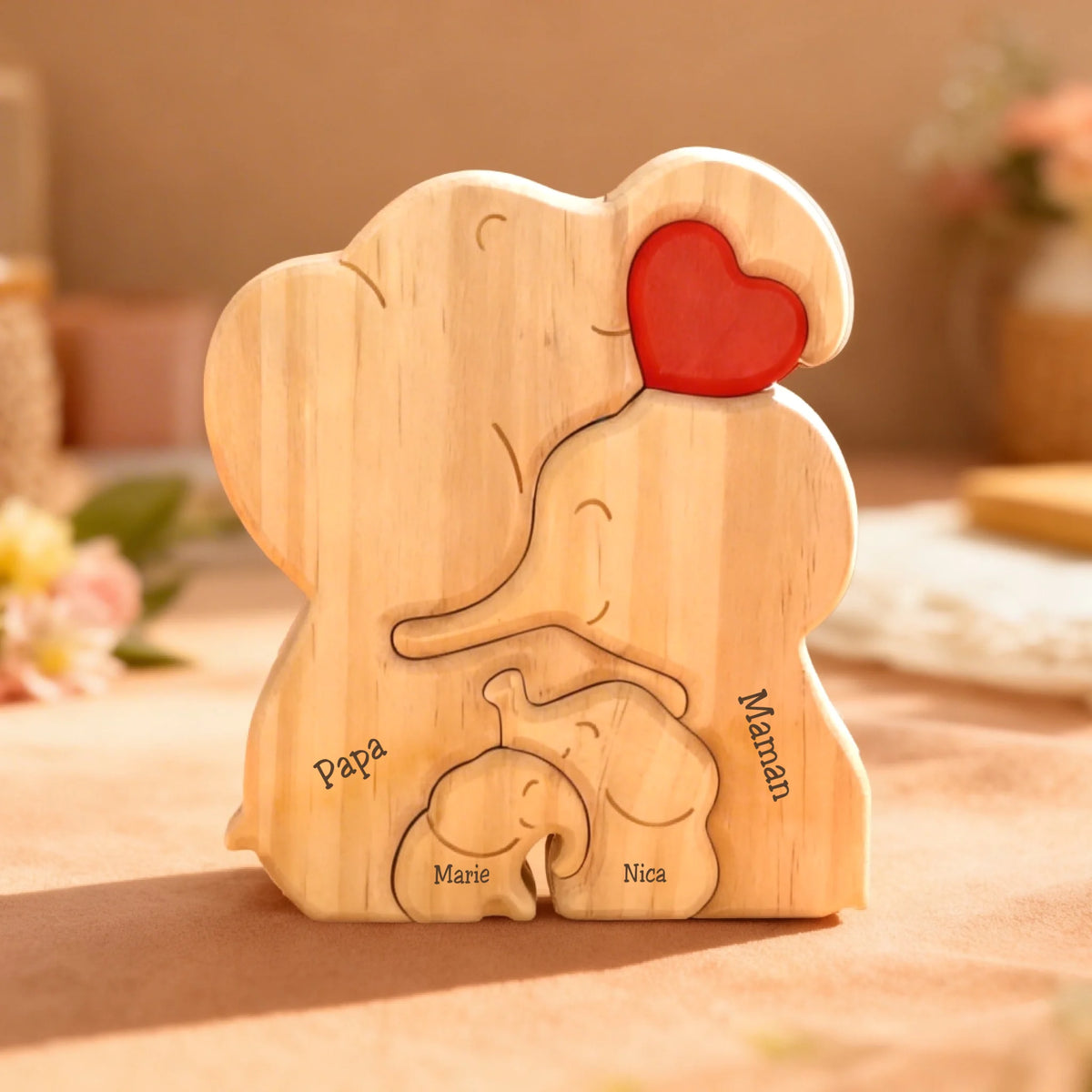 Famille d'éléphants en bois massif personnalisés, grands et petits éléphanteaux sculptés à poser
