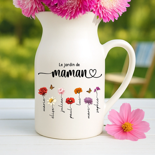 Vase en céramique ivoire personnalisé avec prénoms et motifs floraux pour maman et grands-parents – Motiv 2