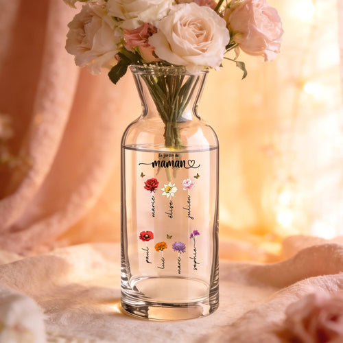 Vase en verre personnalisable Le jardin de maman avec prénoms gravés, cadeau maman et grand-mère – Motiv 2