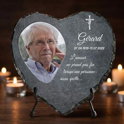 Cœur en ardoise personnalisé avec gravure du prénom et impression photo, souvenir touchant pour honorer la mémoire